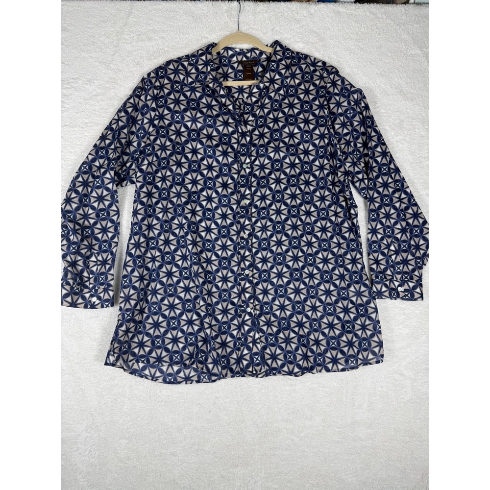 Multiples‎ Button Down Shirt Women 2X Navy Blue Excellent Geometric Cotton Boho